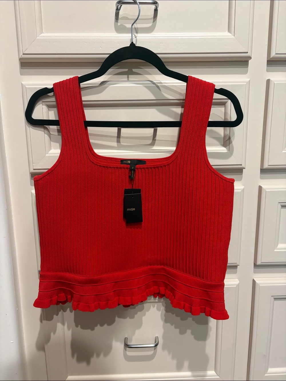 Maje Bright Red Ribbed Tank with Ruffle Hem